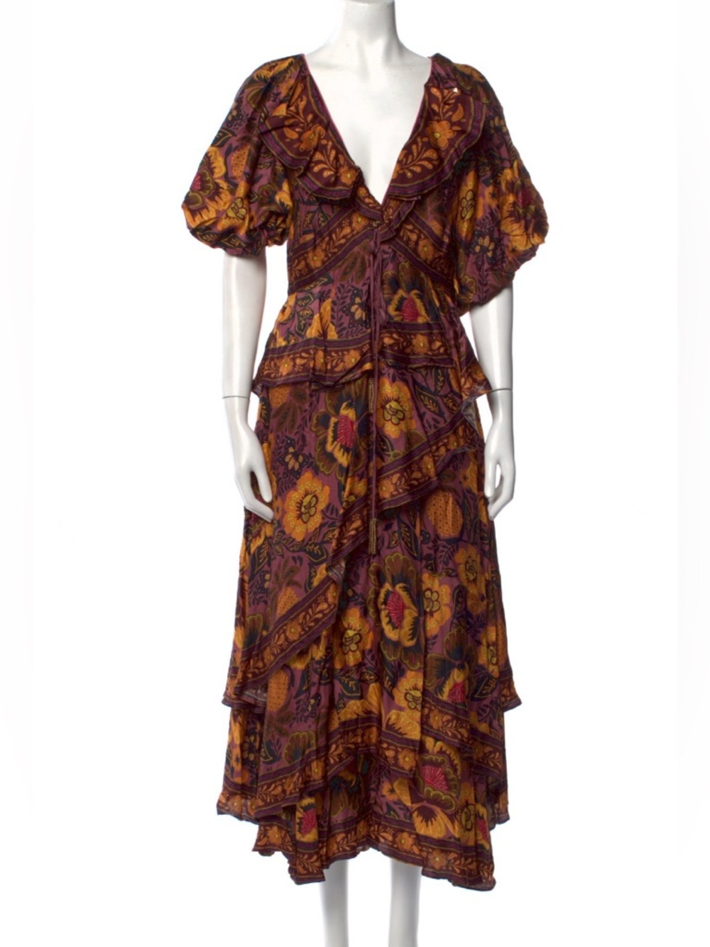 Farm Rio Floral Tiered Midi Dress in Plum
